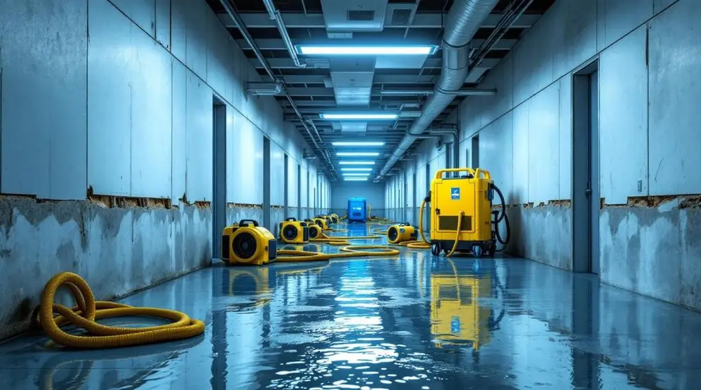 Professional restoration technicians deploying industrial air movers and moisture sensors in a Pinellas Park commercial lobby.