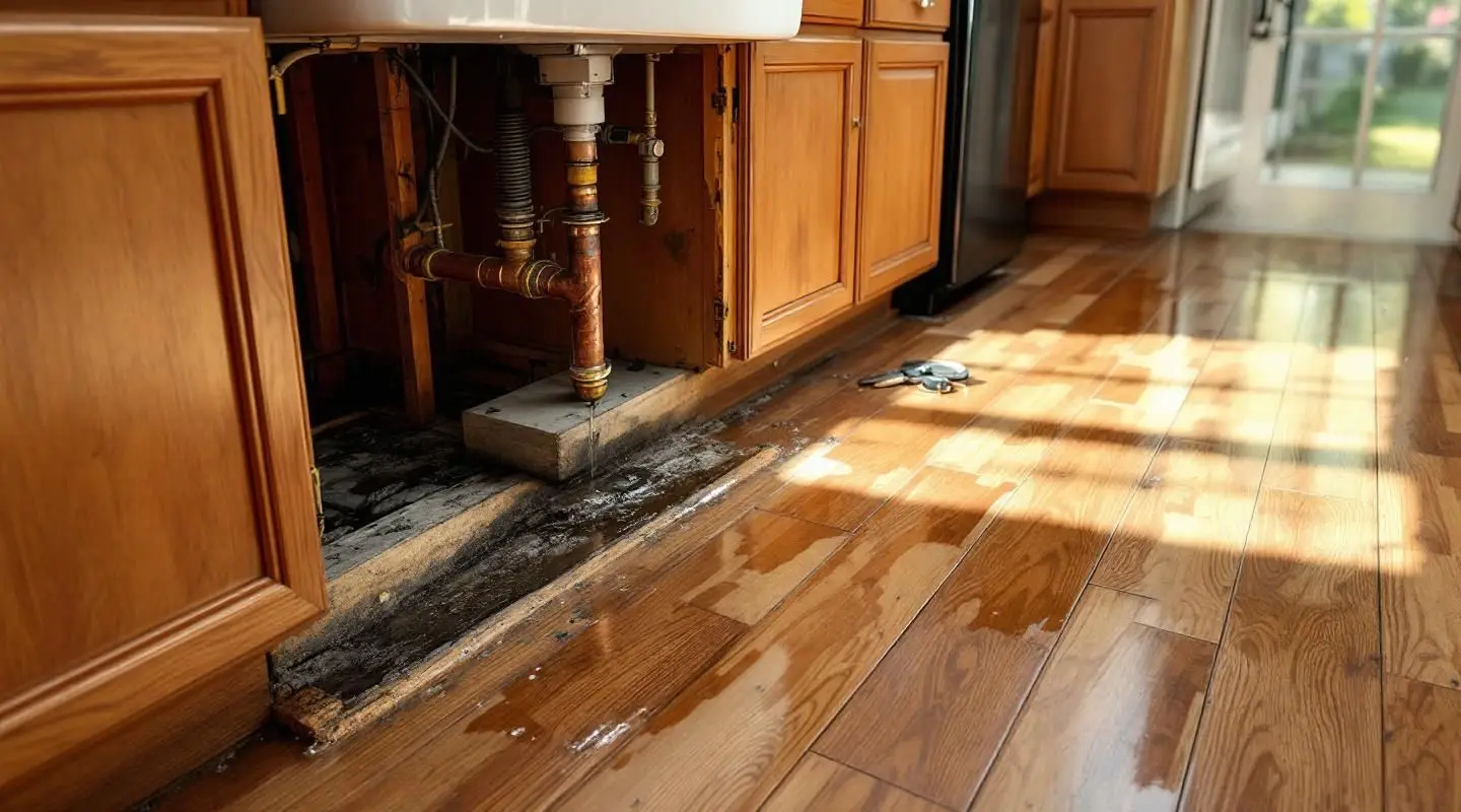 A technician using a moisture meter behind a Clearwater kitchen cabinet to detect hidden water saturation and subfloor leaks.