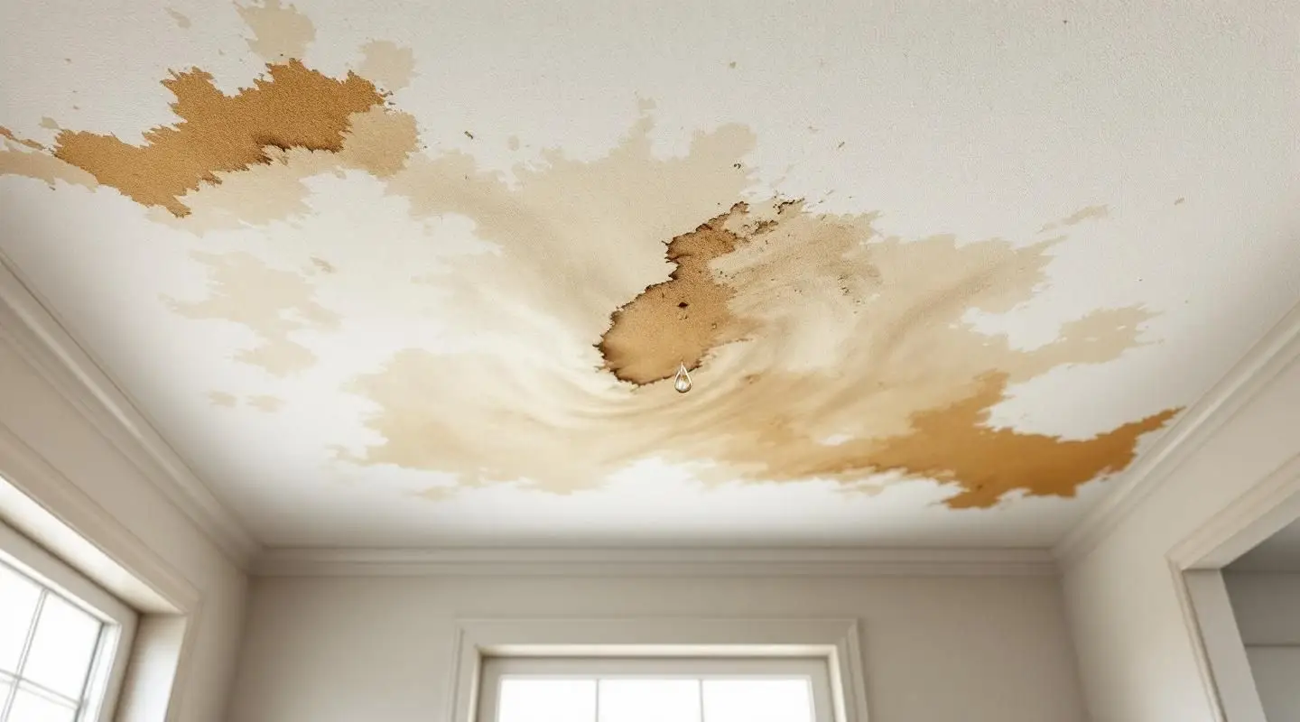 Clearwater restoration technician using a thermal imaging camera to detect moisture behind a water-stained residential ceiling.