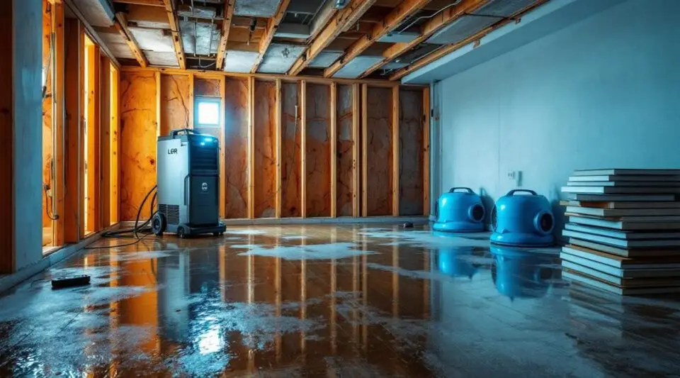 Professional restoration technician checking moisture levels in a flooded Clearwater home with industrial drying equipment.