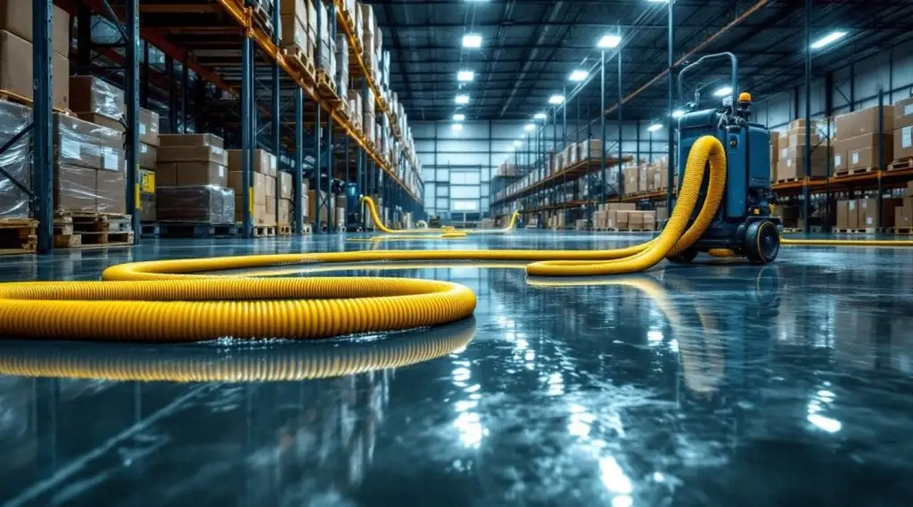 Professional water extraction team using heavy-duty pumps in a large Pinellas Park industrial warehouse after a flood event.