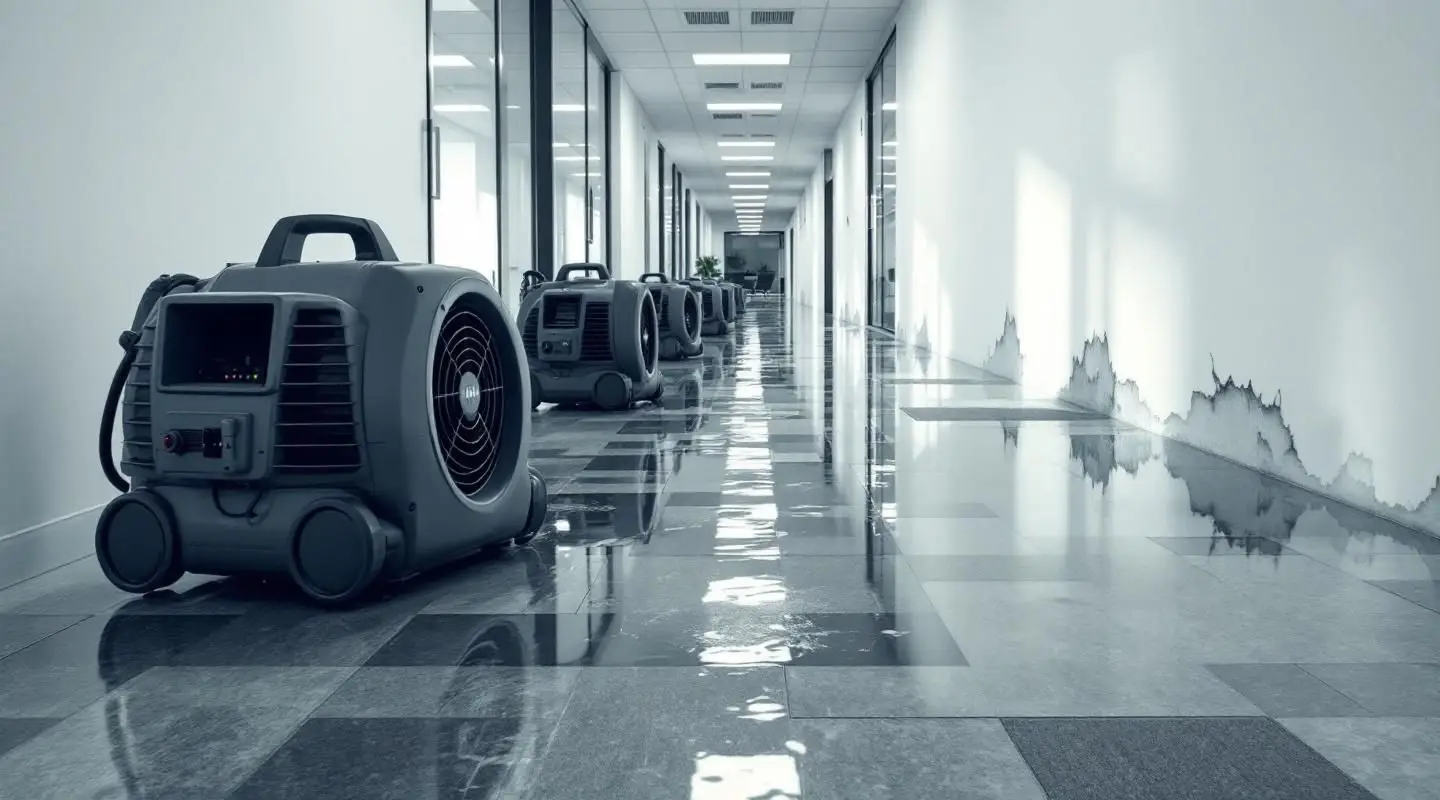 Restoration technicians using industrial LGR dehumidifiers and moisture meters in a Clearwater office building after a flood.