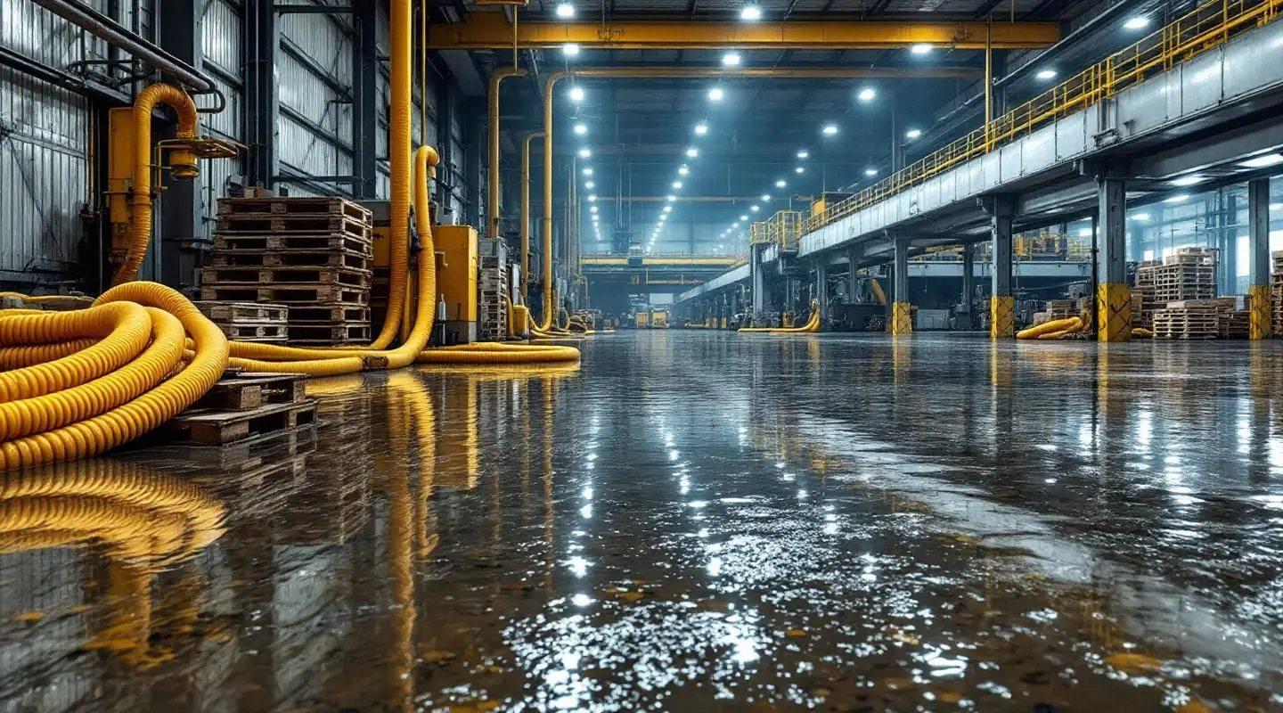Industrial water extraction crew using truck-mounted vacuums and heavy-duty pumps in a flooded Clearwater warehouse.