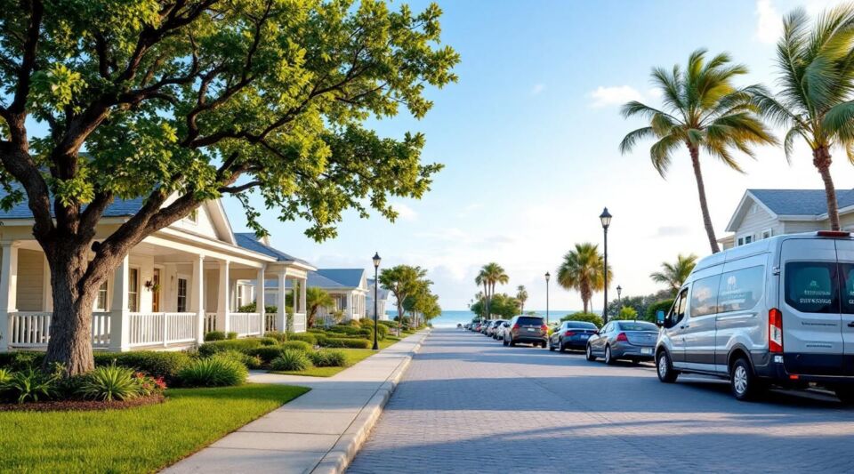 A professional restoration vehicle parked near a classic Florida beach cottage along Gulf Boulevard in Indian Rocks Beach.