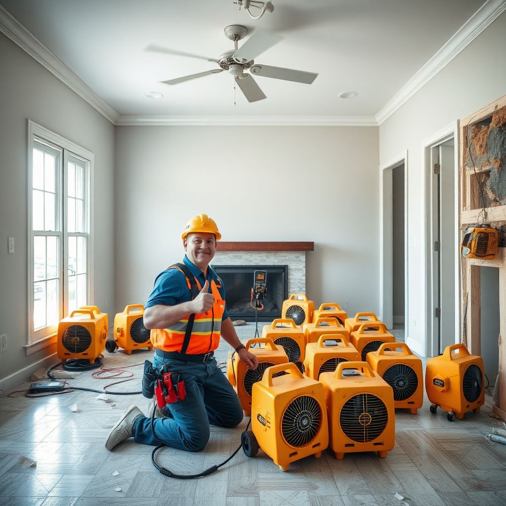 A restoration professional setting up industrial air movers and a dehumidifier in a Pinellas Park home to begin structural drying.