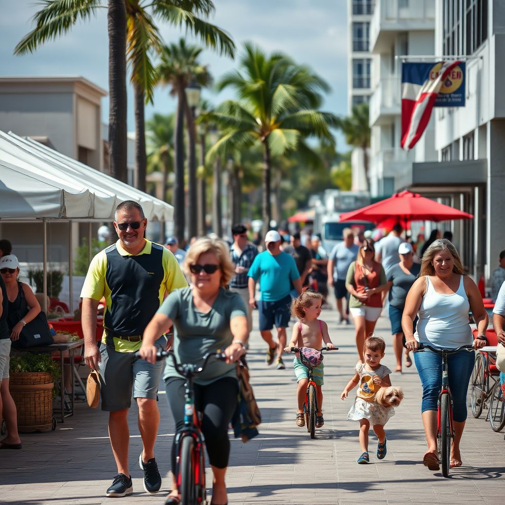A scenic view of the historic John's Pass Village and boardwalk in Madeira Beach during the golden hour.