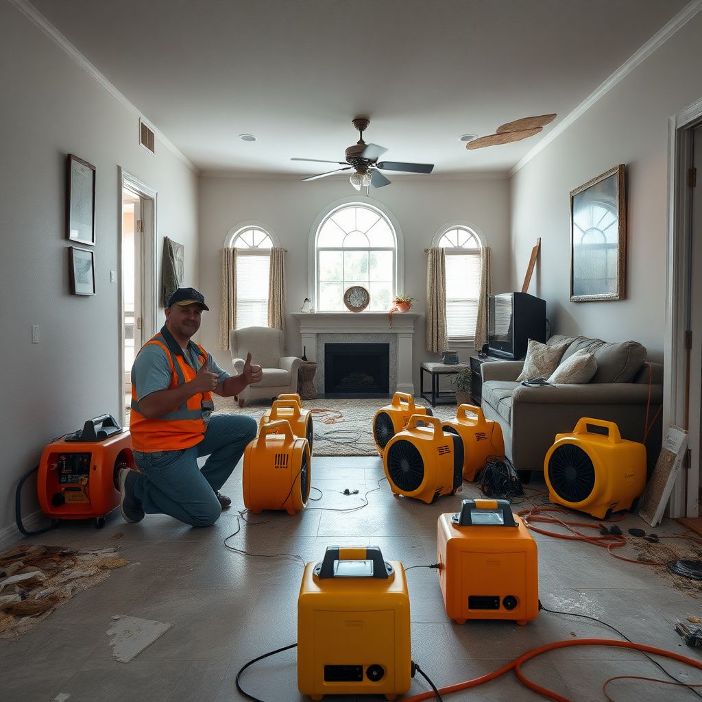 Industrial-grade dehumidifiers and air movers positioned to dry original hardwood floors in a historic Kenwood bungalow.