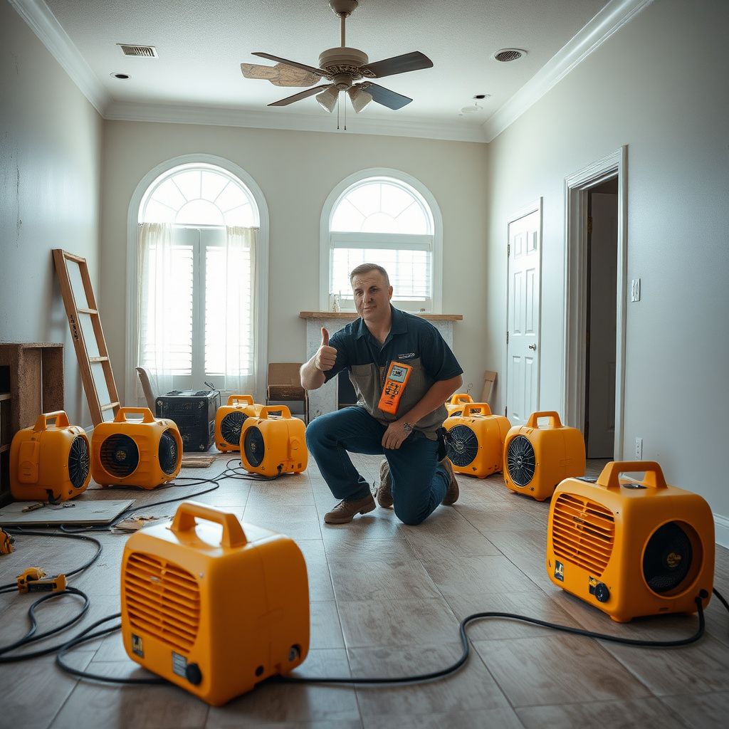 A restoration professional setting up a high-capacity dehumidifier in a Belleair home to combat Gulf Coast humidity.