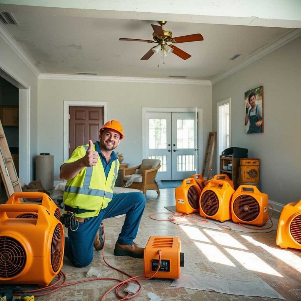 A technician using a moisture meter to check for hidden dampness behind a stucco wall in a Gulfport residence.