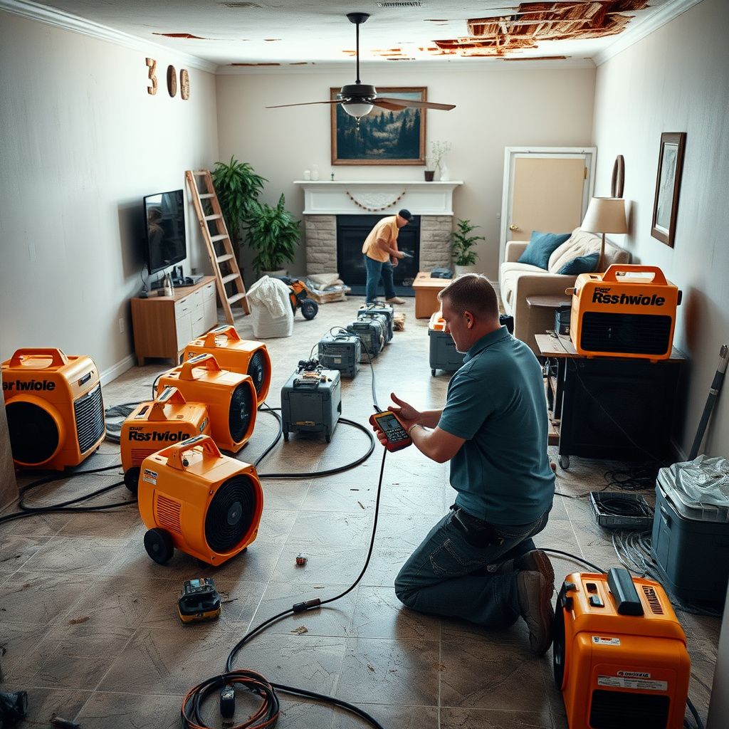 A technician using a moisture meter to check the baseboards of an Oldsmar home for hidden water damage.