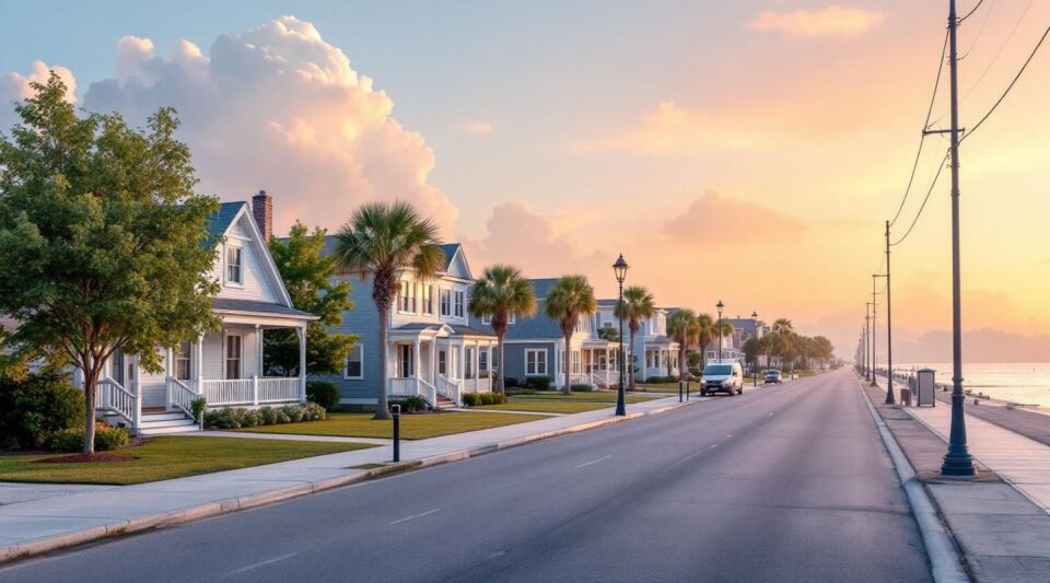 A professional restoration vehicle parked on a quiet Oldsmar residential street near the Old Tampa Bay shoreline at dusk.