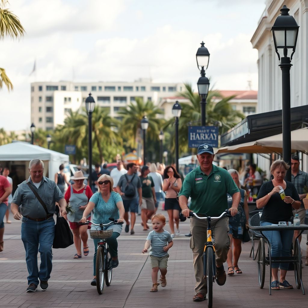 A scenic view of the historic Palm Harbor downtown area with sun-dappled streets and traditional Florida architecture.