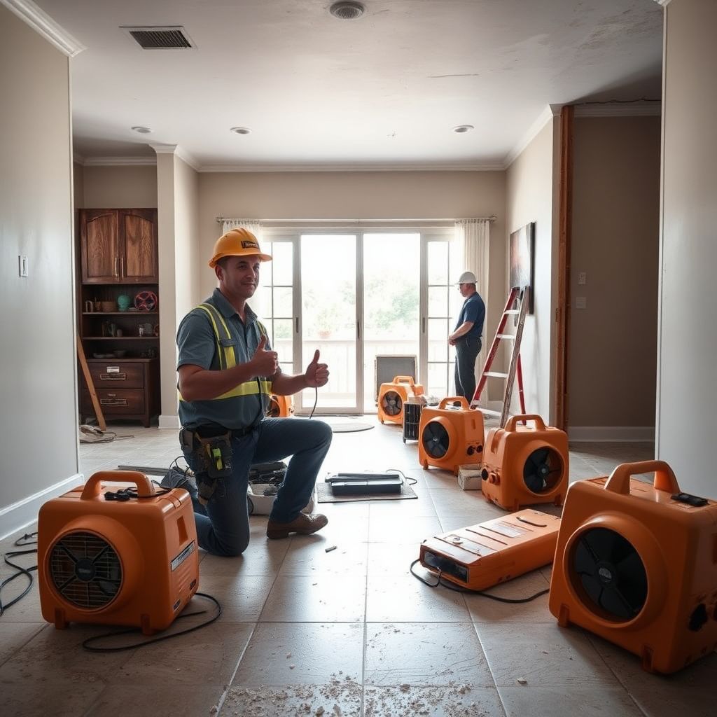 A restoration professional using a thermal imaging camera to detect hidden moisture behind a stucco wall in Treasure Island.