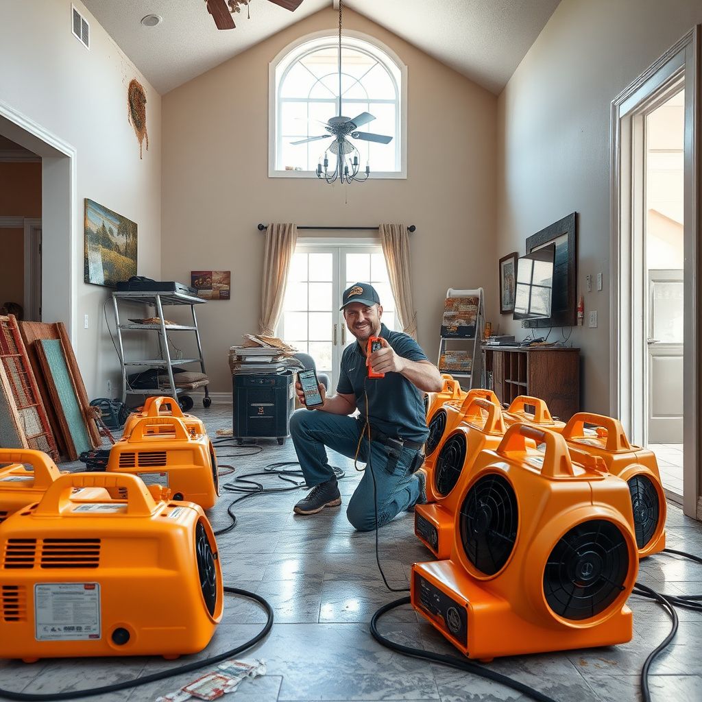 A clean, dry residential living room in Dunedin after a successful restoration project, showing restored hardwood floors.